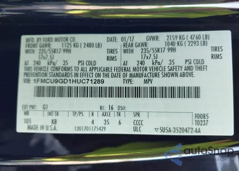 2017 Ford Escape Se z USA, uszkodzony, nr VIN 1FMCU9GD1HUC71289